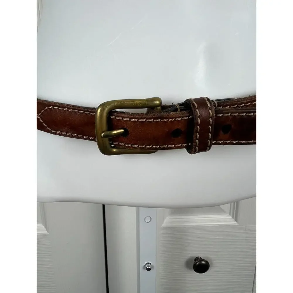 Brown Genuine Leather Belt Contrast Stich Detail Brass Buckle .75